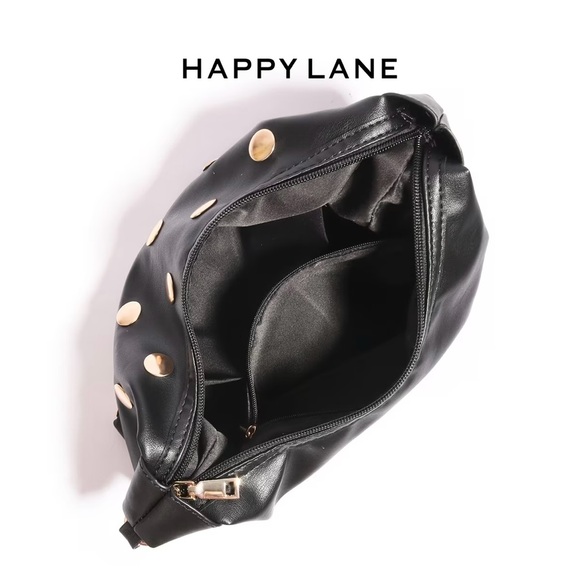 NWT Black Studded Hobo Bag Gold Hardware Shoulder Bag Happy Lane - Picture 9 of 13